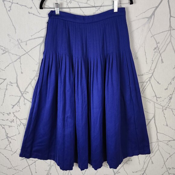 Virani Vintage Blue Purple 100% Wool Pleated Flowy Midi Skirt - Picture 3 of 5